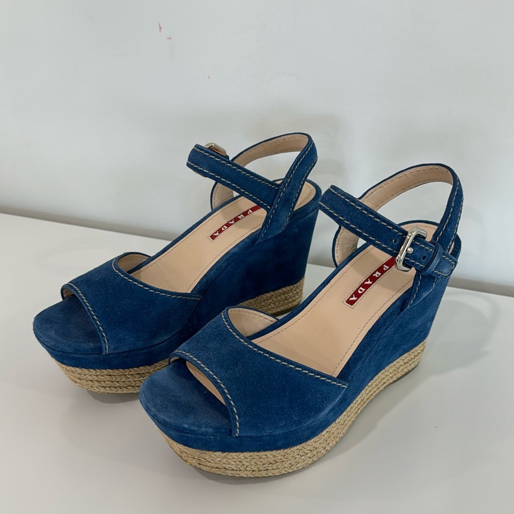 Prada Women’s Blue Suede Wedges Size 6W NEW